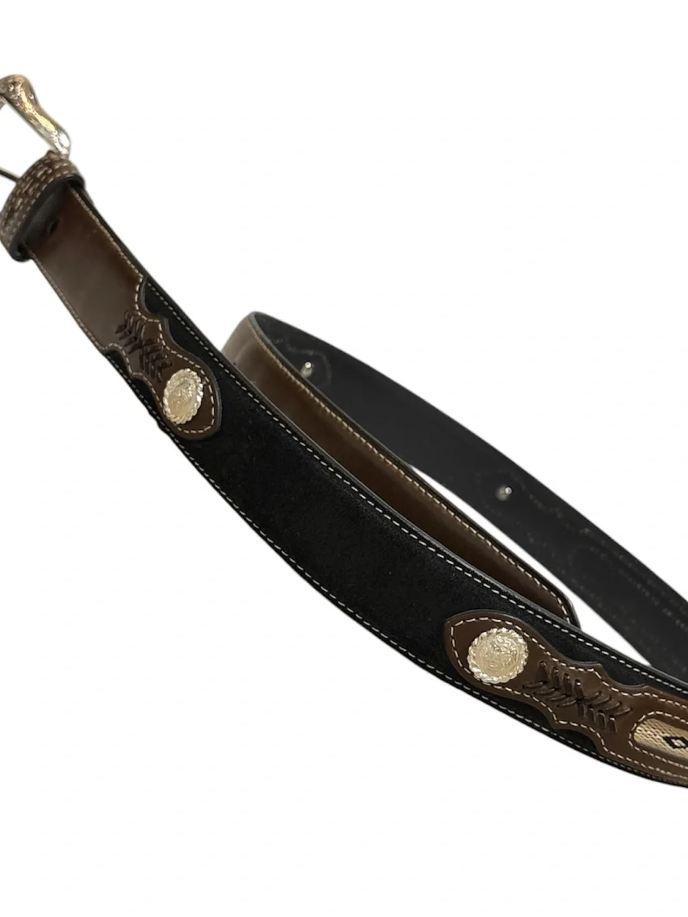 Nocona Western Men Belt Sz 42 Southwest Black Brown/Silver Conch is-N2475701